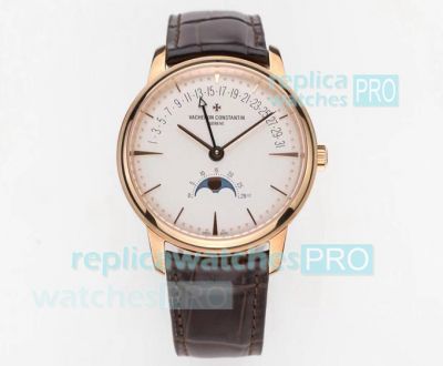 Swiss Replica Vacheron Constantin Patrimony Moonphase Retrograde Date Men’s Watch Rose Gold White Dial